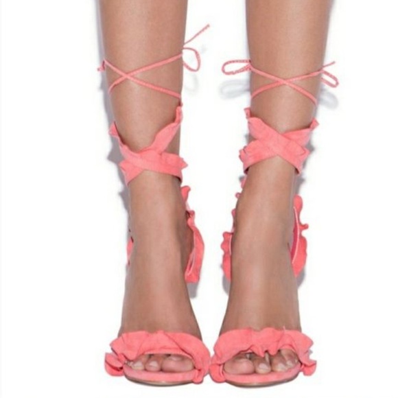 ShoeDazzle Shirah Ruffle Lace Up Heels Coral Pink Sandals Strap Adjustable Shoes - Picture 4 of 16